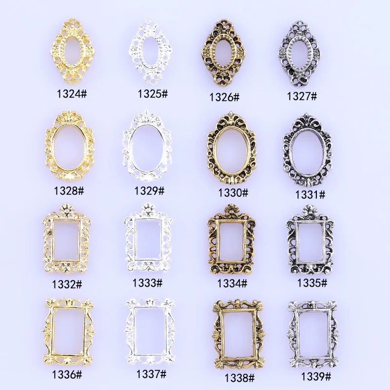 

50Pcs Nail Art Frames 4 Shapes Designs DIY Alloy Charms For 3D Nail Accessories 4 Colors Hollow Nail Art Gems Stones Frames