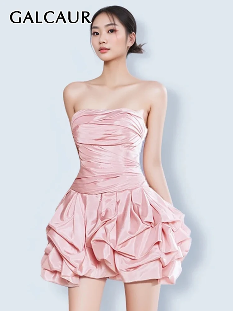 

GALCAUR Solid Temperament Slim Dress For Women Strapless Sleeveless High Waist Off Shoulder Elegant Folds Formal Dresses Female