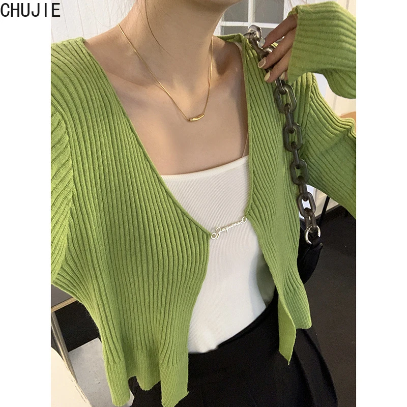 2022 Fashion Knit Woman Tops Blouses Women Long Sleeve Metal Chain Open Front Slim Crop Tops Autumn Sexy Elegant Blouse Shirts cable knit sweater