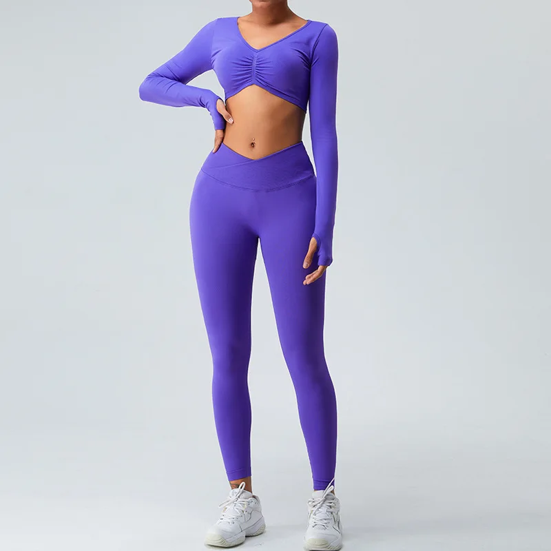 

Autumn New Seamless Yoga Suit Women's Long Sleeve Cross Abdominal Yoga Pants Running Sports Fitness Suit Set