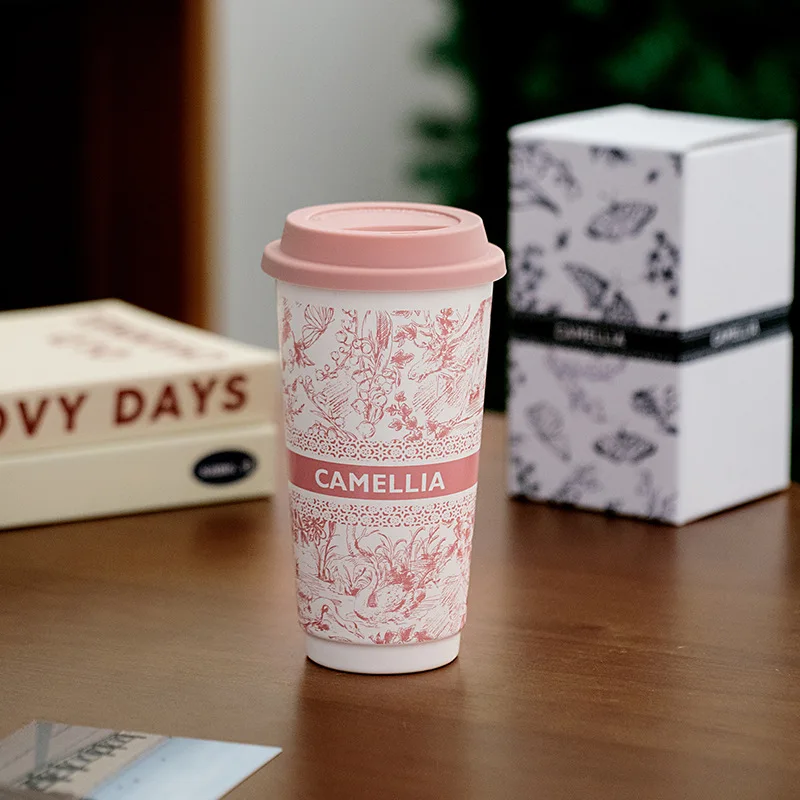 Ceramic Portable Water Cup with Silicone Lid - Large Capacity Dust-proof Mug