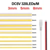 3MM 5MM 8MM COB Strip 5V 12V FOB LED Light Bar 320Leds/M 3000K 4000K 6000K High Density Flexible Ribbon Rope Tape Cabinet Light 2