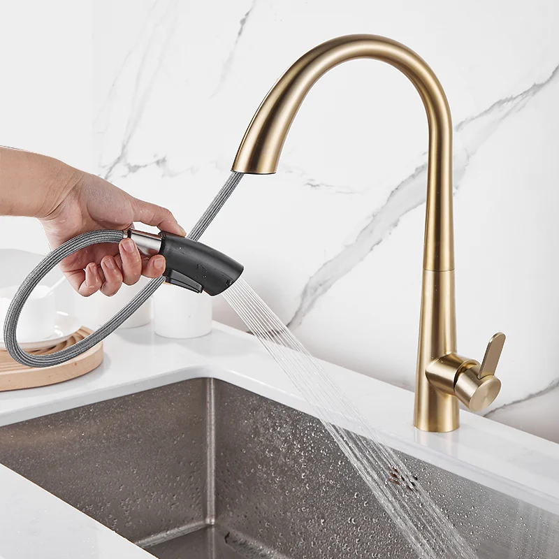 

Kitchen Faucets Brushed Gold Faucets for Sink Single Lever Pull Out Spring Spout Mixers Tap Hot Cold Water Crane