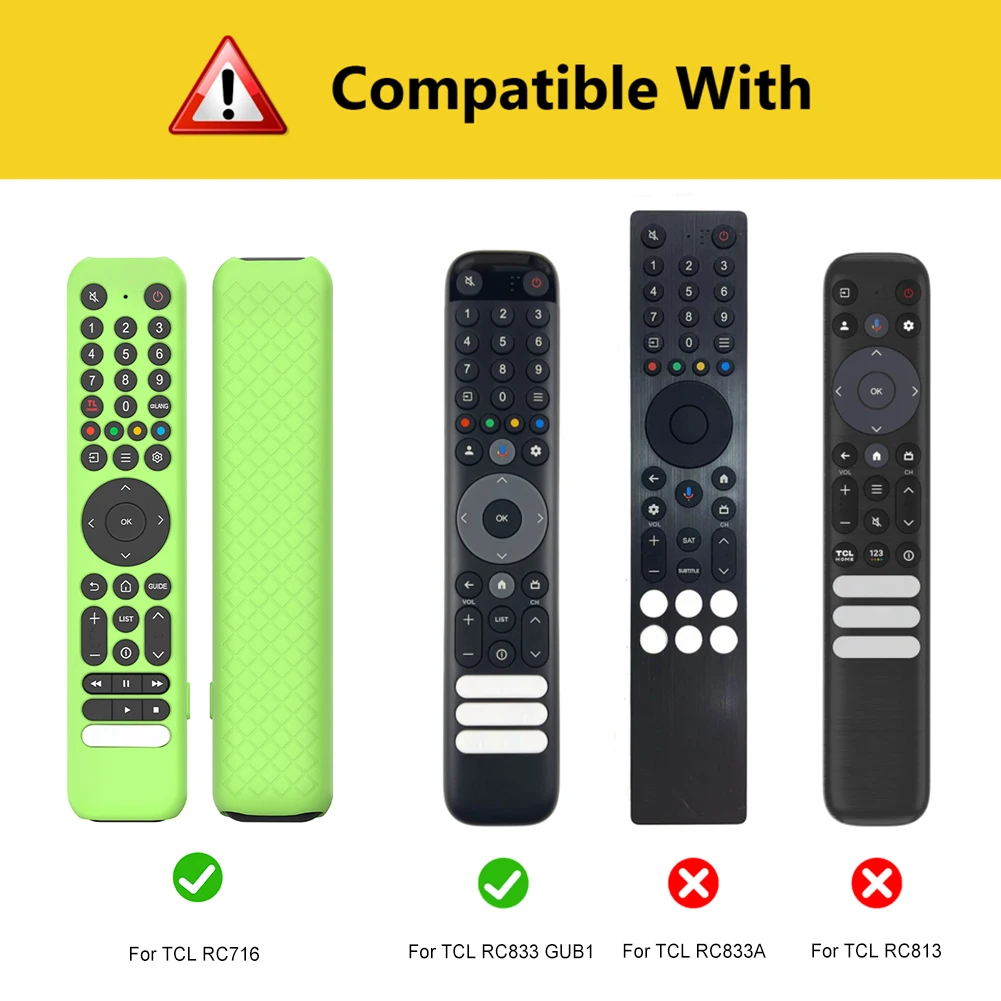 Étui silicone TCL RC716 RC833 GUB1 posé à côté de la télécommande, détail des découpes.