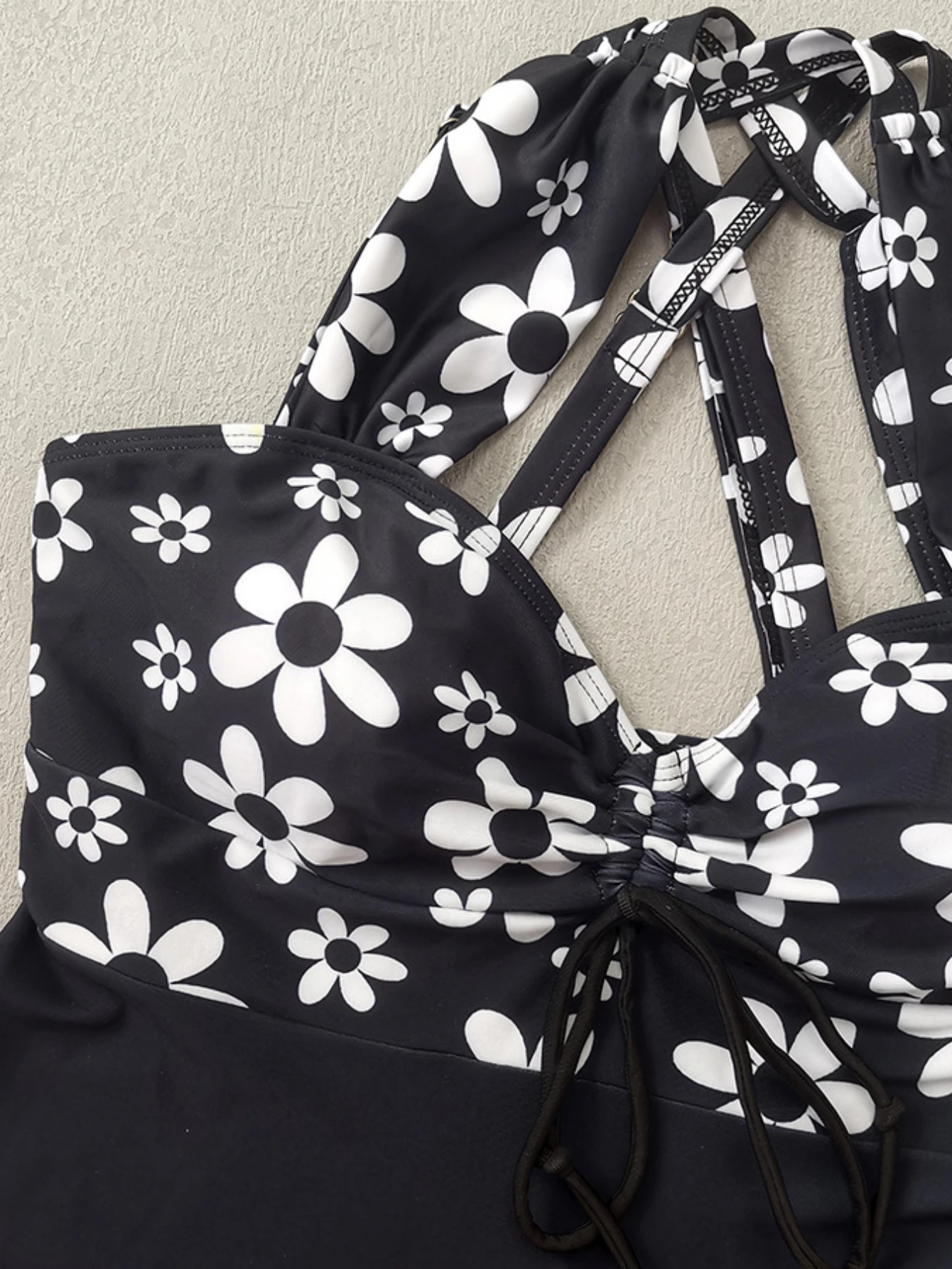 Bikini Set Women Swimwear Bikini Swimsuit Vintage Black Flower Print Skirt Bikini Set Front Bow Crop Top Bathing Suit Swimwear Women's High Waist Swimsuit Tankini