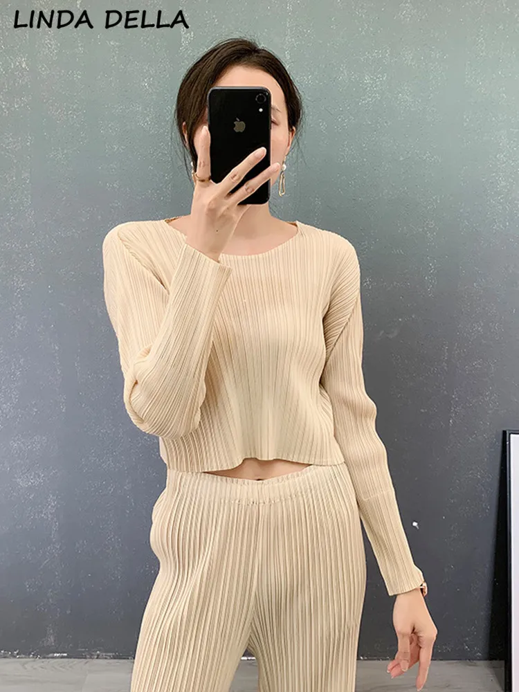 

LINDA DELLA Summer Fashion Designer Khaki Vintage Slim T-shirts Tops Women's O-Neck Long Sleeve Holiday Party Casual Short Tops