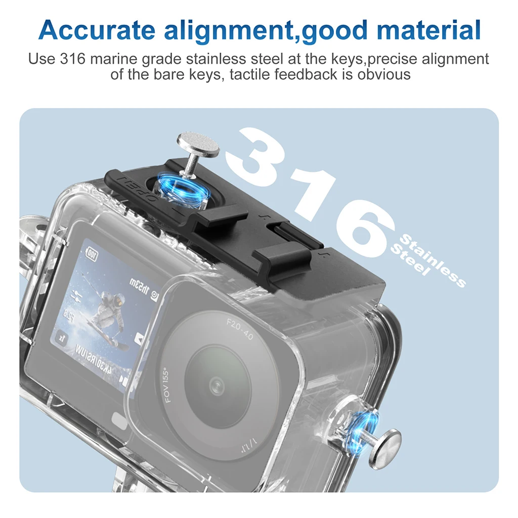 Coque de protection sous-marine ouverte avec DJI Osmo Action 6 insérée, prête pour la plongée.