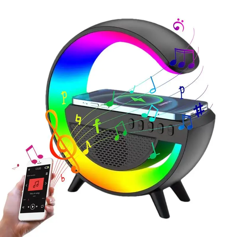 

Wireless Charger Atmosphere Lamp G Shape Light Up Wireless Speaker Timer Alarm Clock Charger Stand Color Changing Wireless
