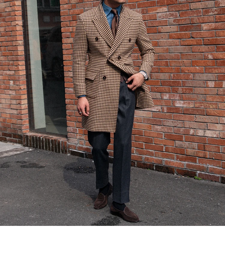 Description Picture 5 of itemMen's Polo Coat Houndstooth Double-breasted Long Slim Elegant UK Fashion Winter Plaid Long Jacket Male Clothing