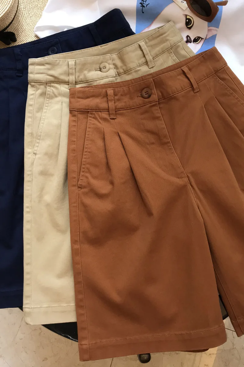 Women's High Waist Washed Cotton Three-Color Wide Leg Leisure Shorts Thin Pirate Shorts Summer