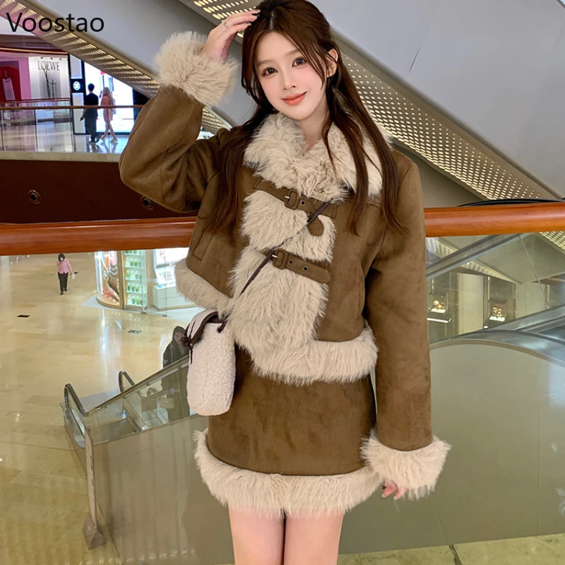 

Autumn Winter Women Coat Skirt Set Casual Y2k Faux Fur Long Sleeve Warm Jacket Mini Skirt Suit Female Korean Fashion 2 Piece Set