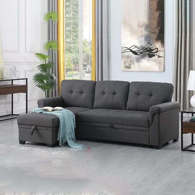 

Linen Reversible Sleeper Sectional Sofa, Foldable Sofa Bed Storage Chaise, Special Easy-to-clean Fabric Couch Sofa Furniture