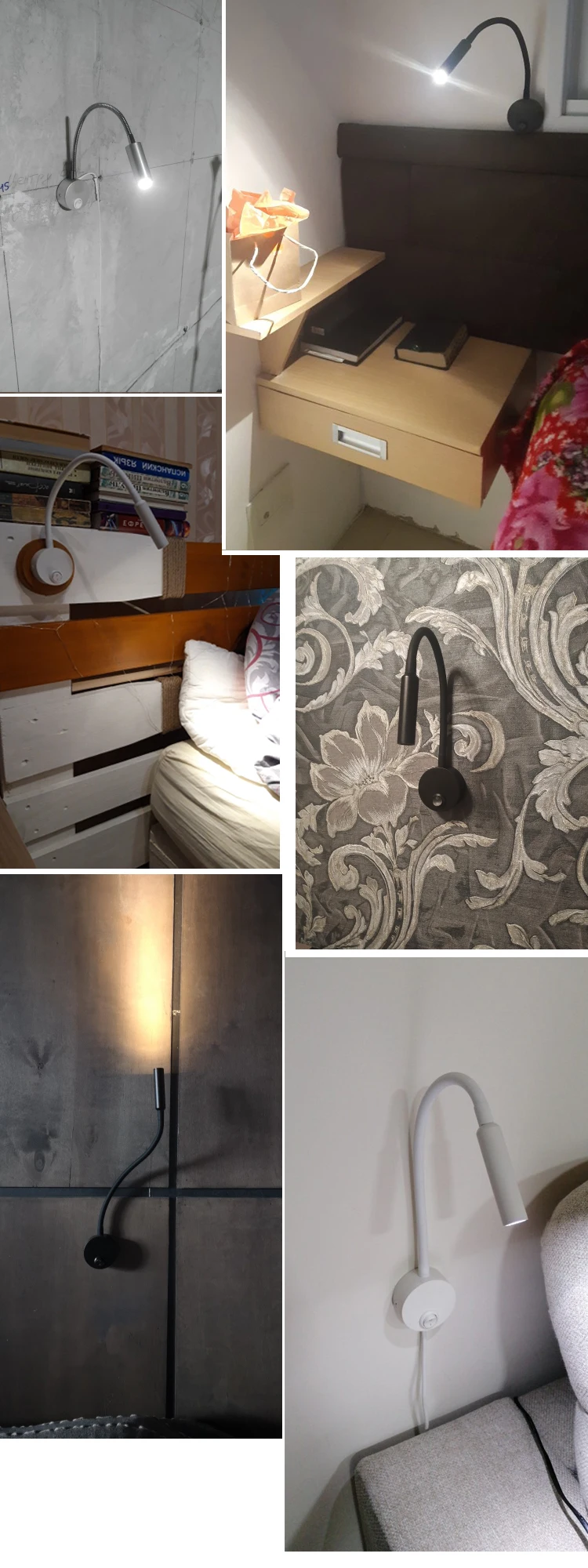 3W Wall Lamp Sconces Bedside Working Study Reading Book wall Night light fixtures Gooesneck Adjust Spot LED White Black Silver 6