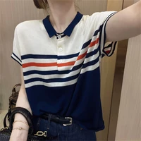 Women Clothing Summer Trendy Striped Polo Collar Ice Silk Knitted T-shirt Elegant Simple Casual Short Sleeve Loose Pullover Tops - Image 2