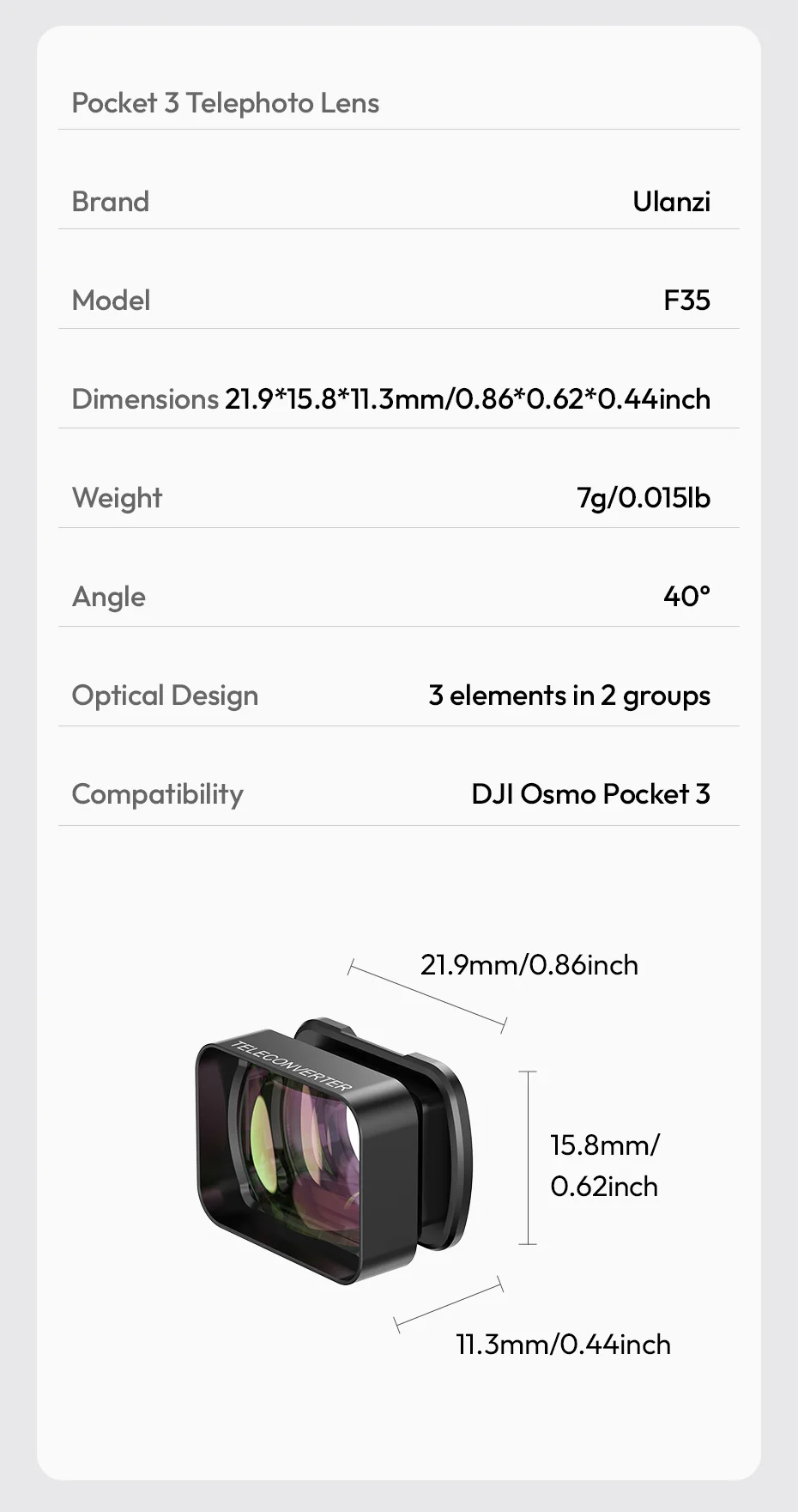 Ulanzi F35 Pocket 3 Magnetic 1.5X Telephoto Lens Wide-Angle Lens for  Osmo Pocke