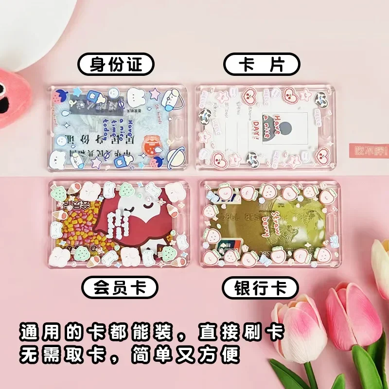 Ins Cute Transparent Lanyard Card Cover Student Bus Cards Sleeve Cartoon Work Card Covers Credit Holder with Spring Rope