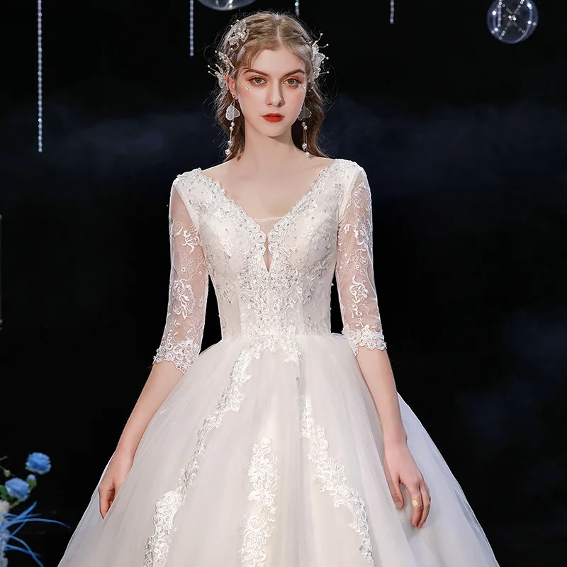 

Classic V-neck Wedding Dress 2024 Bride Half Sleeve A-line Chiffon Bride Gown Backless Aplique De Manga Comprida Para Casamento
