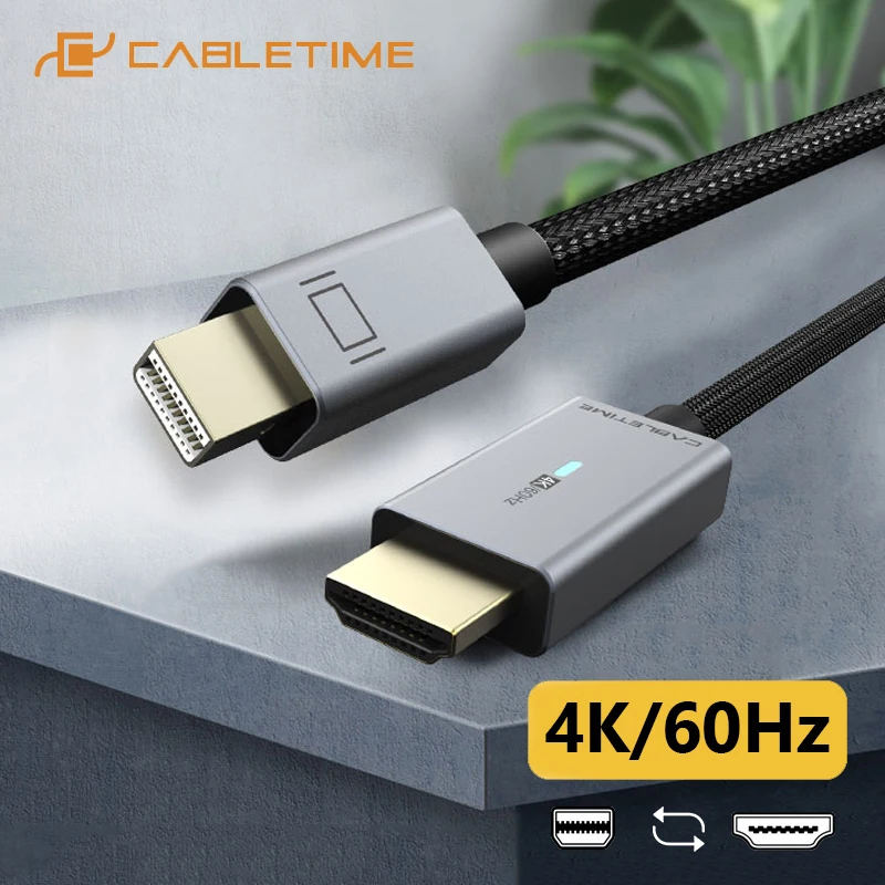 Cabletime-mini dp para Cabo Hdmi Thunderbolt Displayport 4k 60hz Conversor de Alumínio para Superfície Pro6 Dell Xps C324