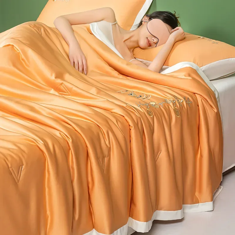 시원한 여름 실크 간장 싱글 베개 커버 침대 시트, 4 피스 선물 세트, 에어컨 이불 얇은 이불 