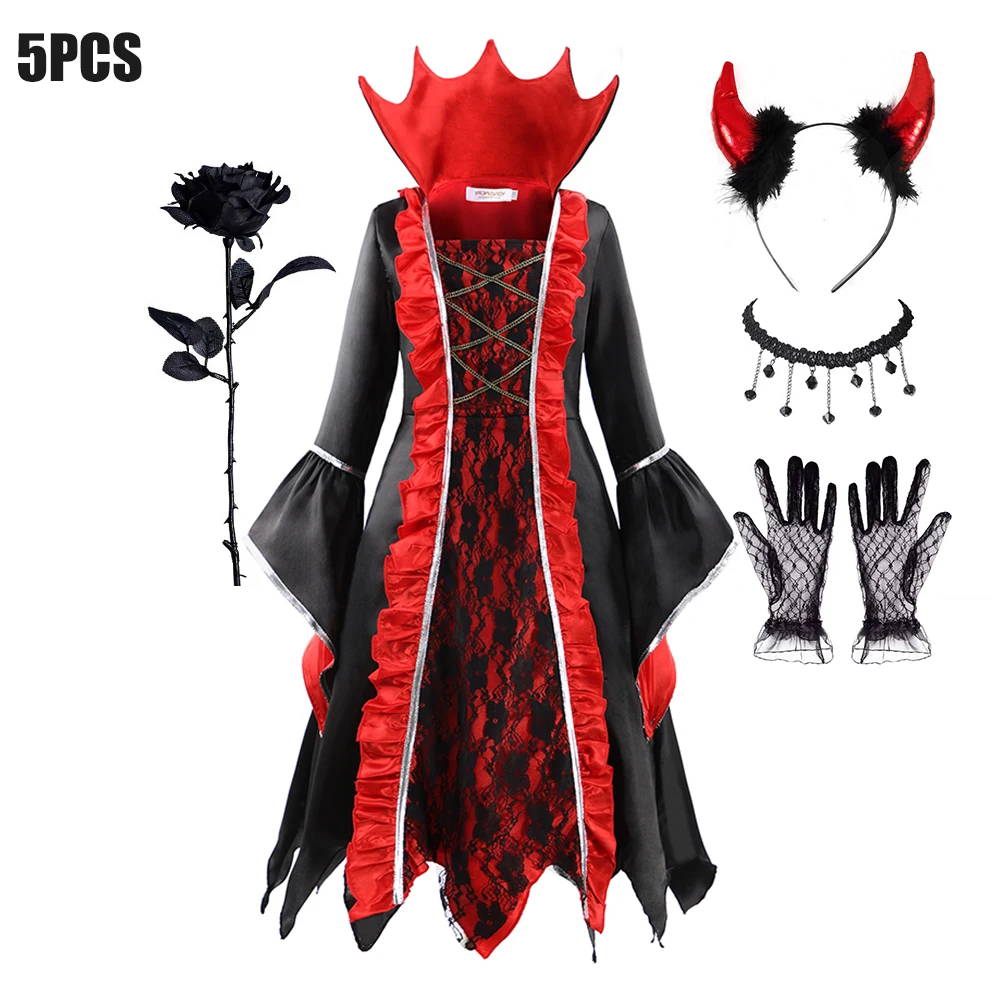 Disfraz De Vampiro Para Niña - Vestido De Reina Vampiresa Negro Y Rojo, Halloween, Carnaval, Cosplay