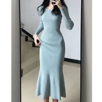 Blue Knitted Fish Tail Dress Women's Autumn Winter Inner Wear Base Layer Skirt Slim Fit Waist Long Dress Polyester Fiber Square