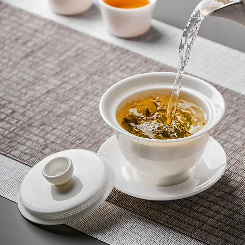 Tea set Sheep Fat Jade White Porcelain Gaiwan filtered tea bowl anti scalding design single ceramic tea cup Kung Fu Set