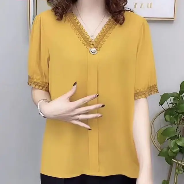 Casual Short Sleeve V-Neck Chiffon T-shirt Female Solid Color Elegant Hook Flower Hollow Spliced Stylish Tops Women's Clothing 2