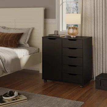 5-Drawer Chest With 1 Door Mini Dressing Table for Bedroom Wooden Chest of Drawers Storage Dresser Cabinet With Wheels Closet 2