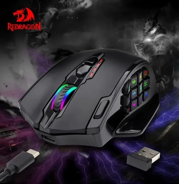 Redragon 무선 듀얼 모드 사이드 키 매크로 마우스, PC 게이머 컴퓨터 선물용, 맞춤형 Rgb 긴 내구성 마우스, M913