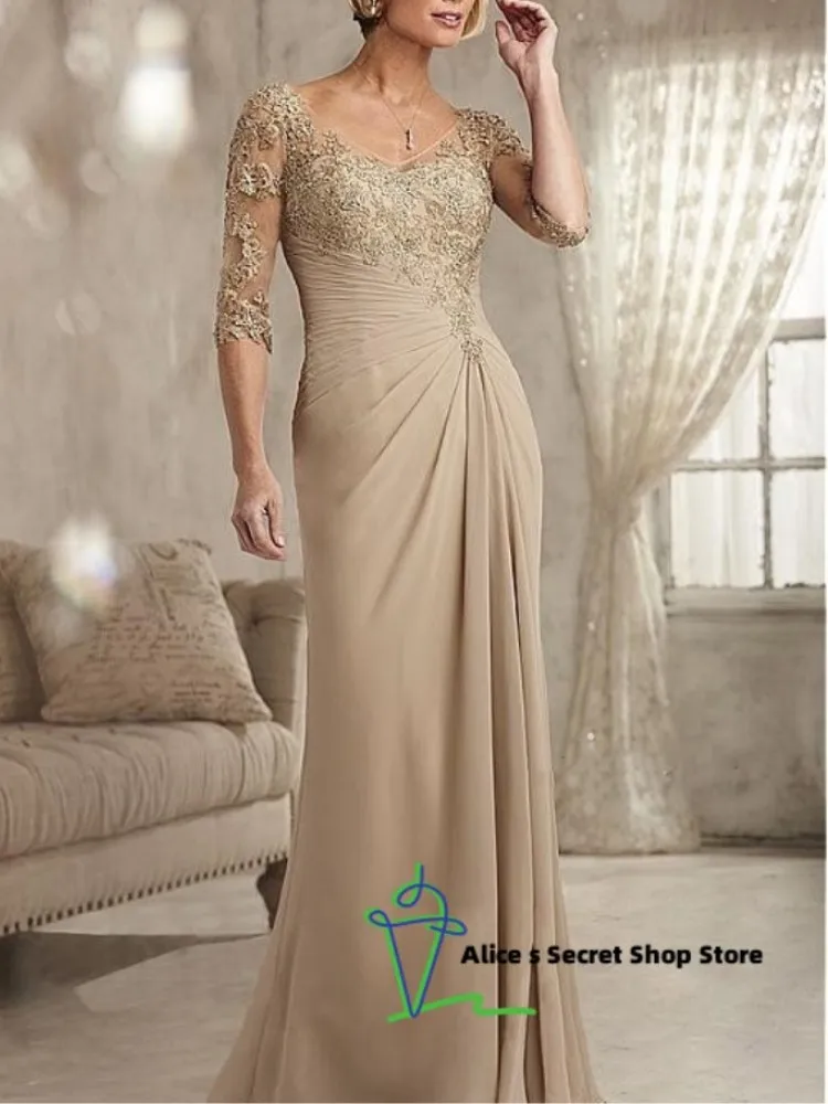 

Mother Of The Bride Dresses Beaded Lace Champagne Prom Dress Chiffon Half Sleeves Groom Mother Evening Dress Custom Made