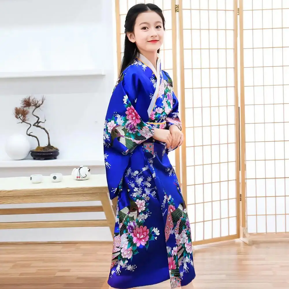 Japan Kimono Traditional Yukata Kids Girls Novelty National Dress Satin Luxury Oriental Bath Robe with Obi Performance Costume