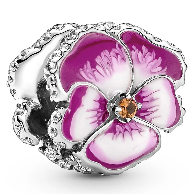 Original Pink Pansy Flower Beads With Enamel Fit 925 Sterling Silver