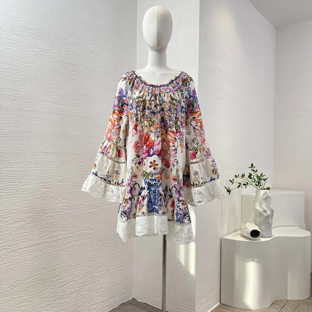 

Cotton 2024 New Summer Flower Color Print Long Sleeve Diamonds Pressed Off The Shoulder Lace Patchwork Loose Mini Dress