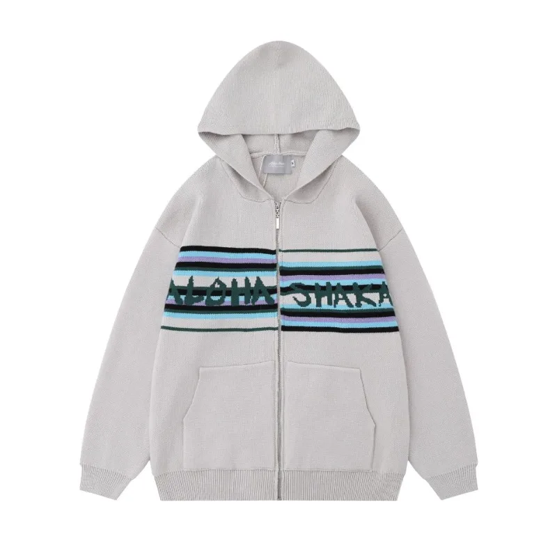 

Men's Casual Hooded Cardigan Knit Sweater Harajuku Spliced Jacquard Zipper Hoodies Sweaters Hip-hop Unisex Streetwear Knitted