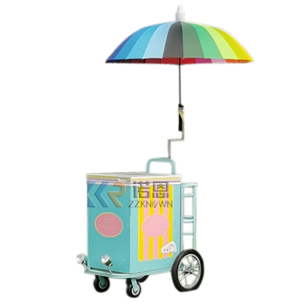 Commercial Ice Cream Cart Mobile Popsicle Hand Push Street Outdoor Popsicle Icecream Cart with 50L Freezer