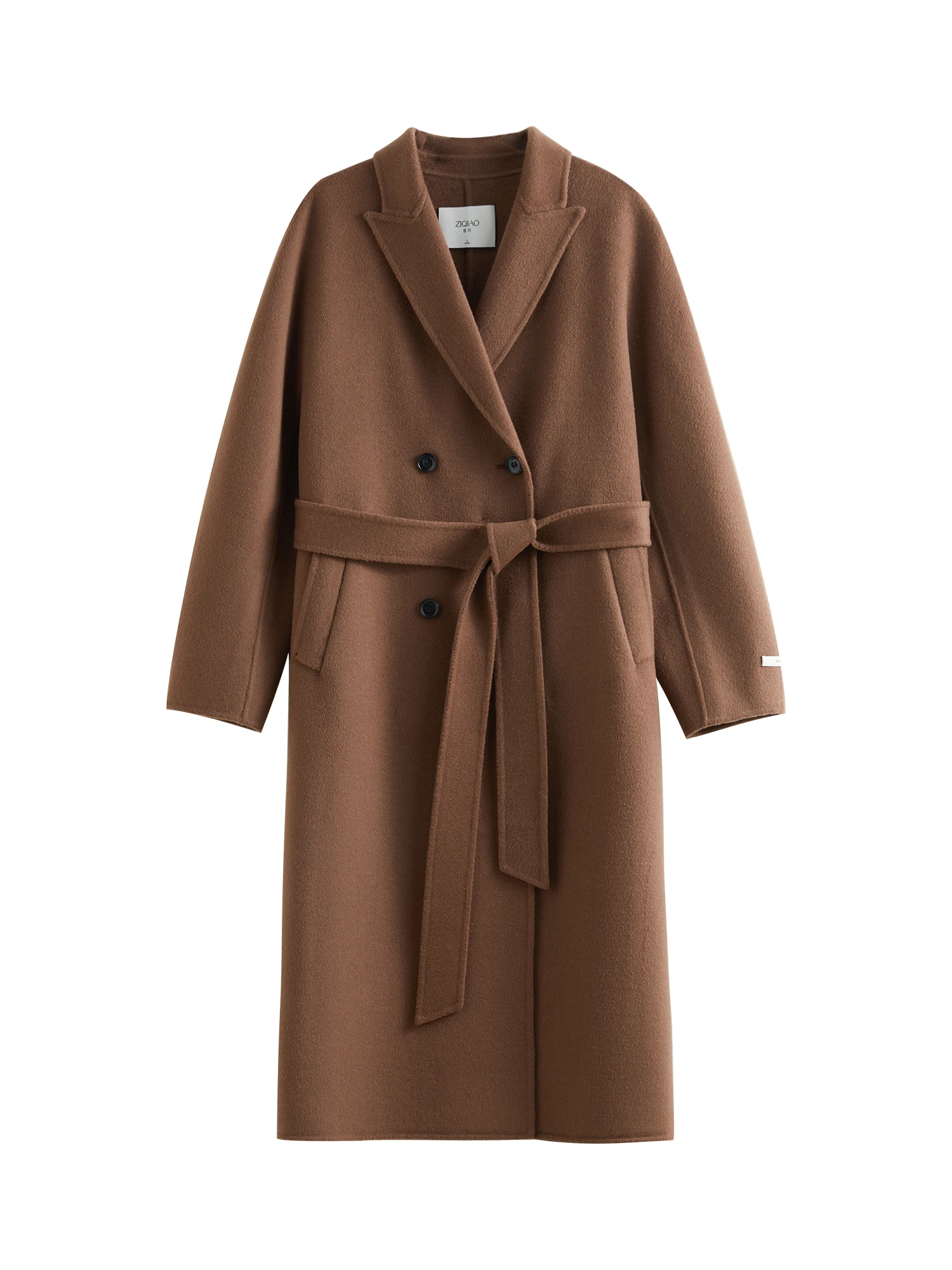 ZIQIAO 100% Wool Coats Classic Double Breasted Long Woolen