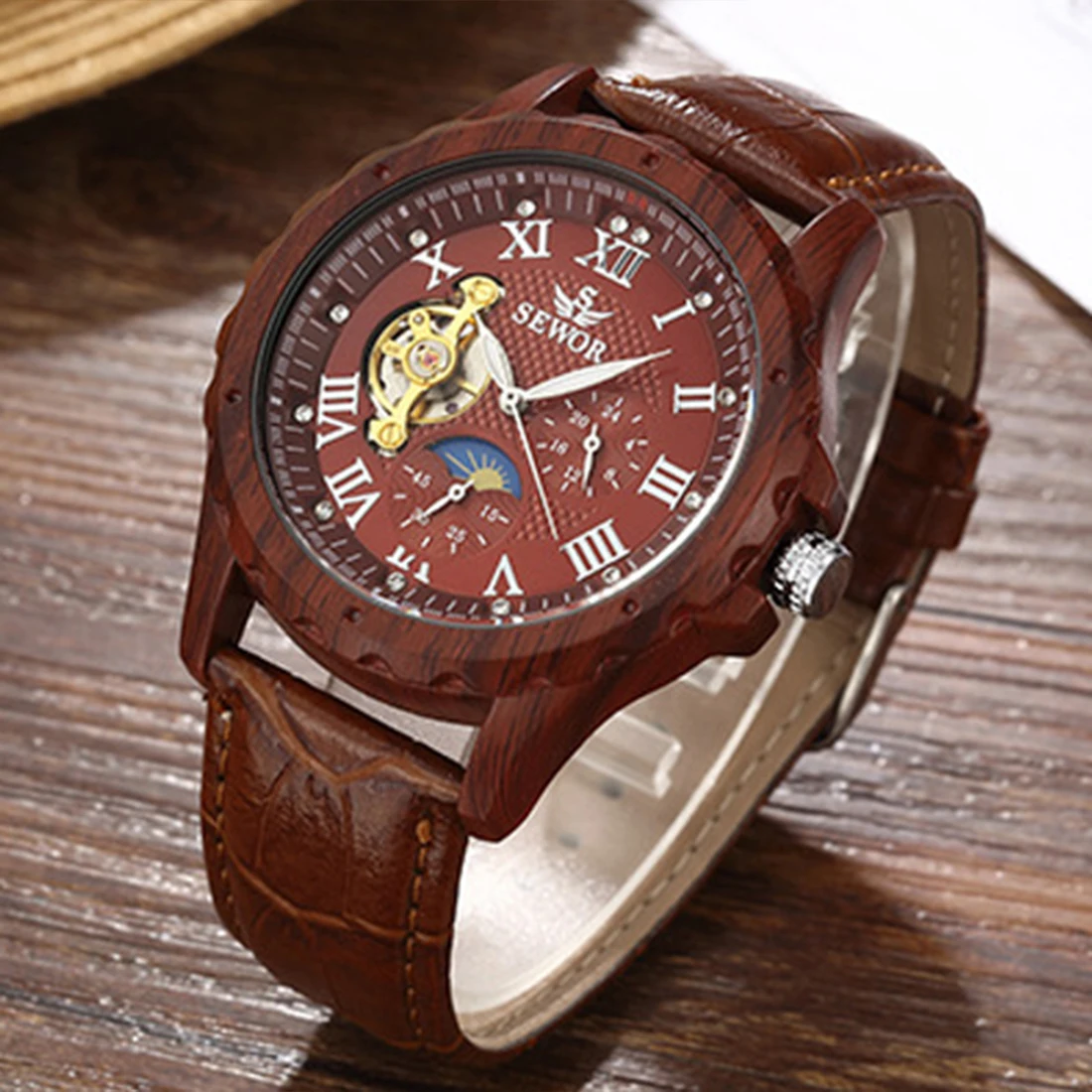 

Automatic Mechanical Watch for Men Luxury Wood Colors Clock Not Real Wood Reloj Skeleton Leather Business Man Male Wristwatch