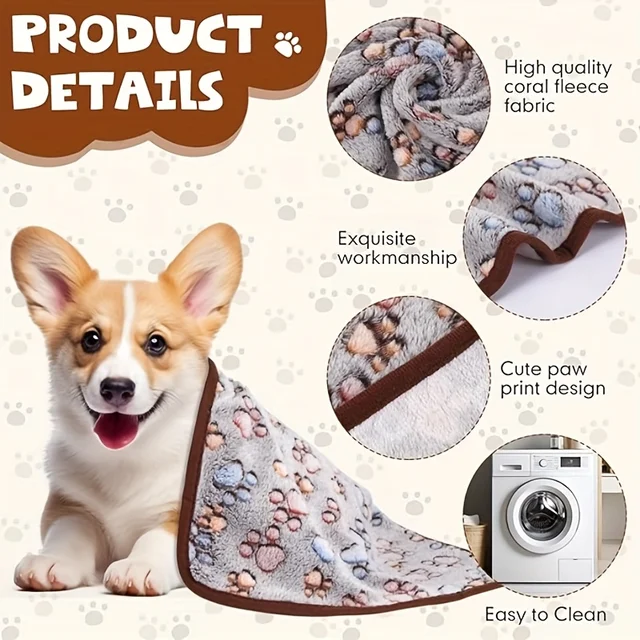 Flannel Pet Blanket,Cute Dog Paw Print Blanket Pet Mat for Puppy Kitten Warm and Comfortable Blanket Suitable For Cats And Dogs 2