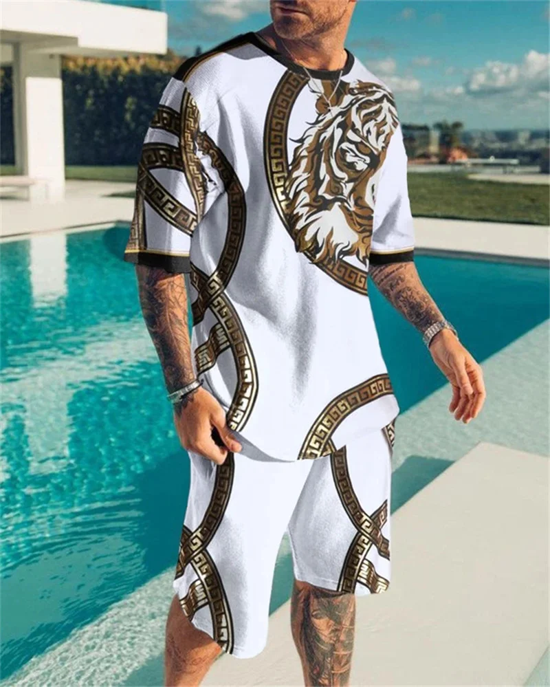 New Summer European and American Oversized Men's Trend Casual 2022 Beach Style Texture 3D Digital Printing T-shirt Shorts Suit