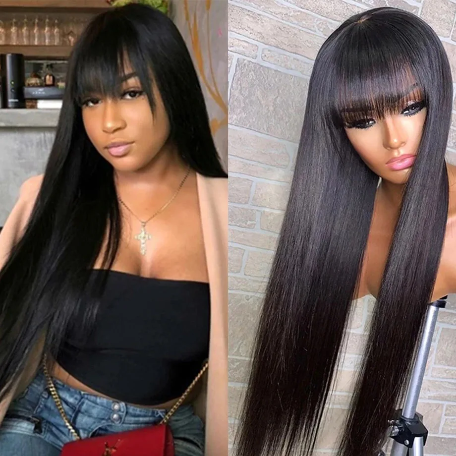 Straight Human Hair Wig With Bangs Full Machine Made Wig For Women Brazilian Wigs On Sale 30 Inch Short Bob Wig Cheap Fringe Wig