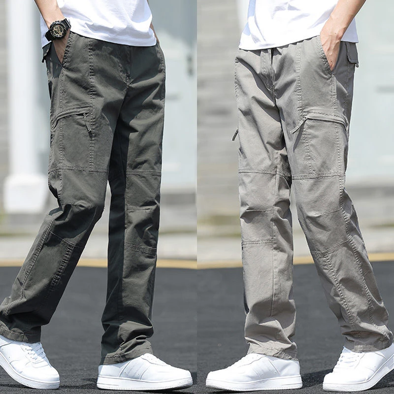 100% Cotton Cargo Pants for Men Casual Pants Elastic Waist Large