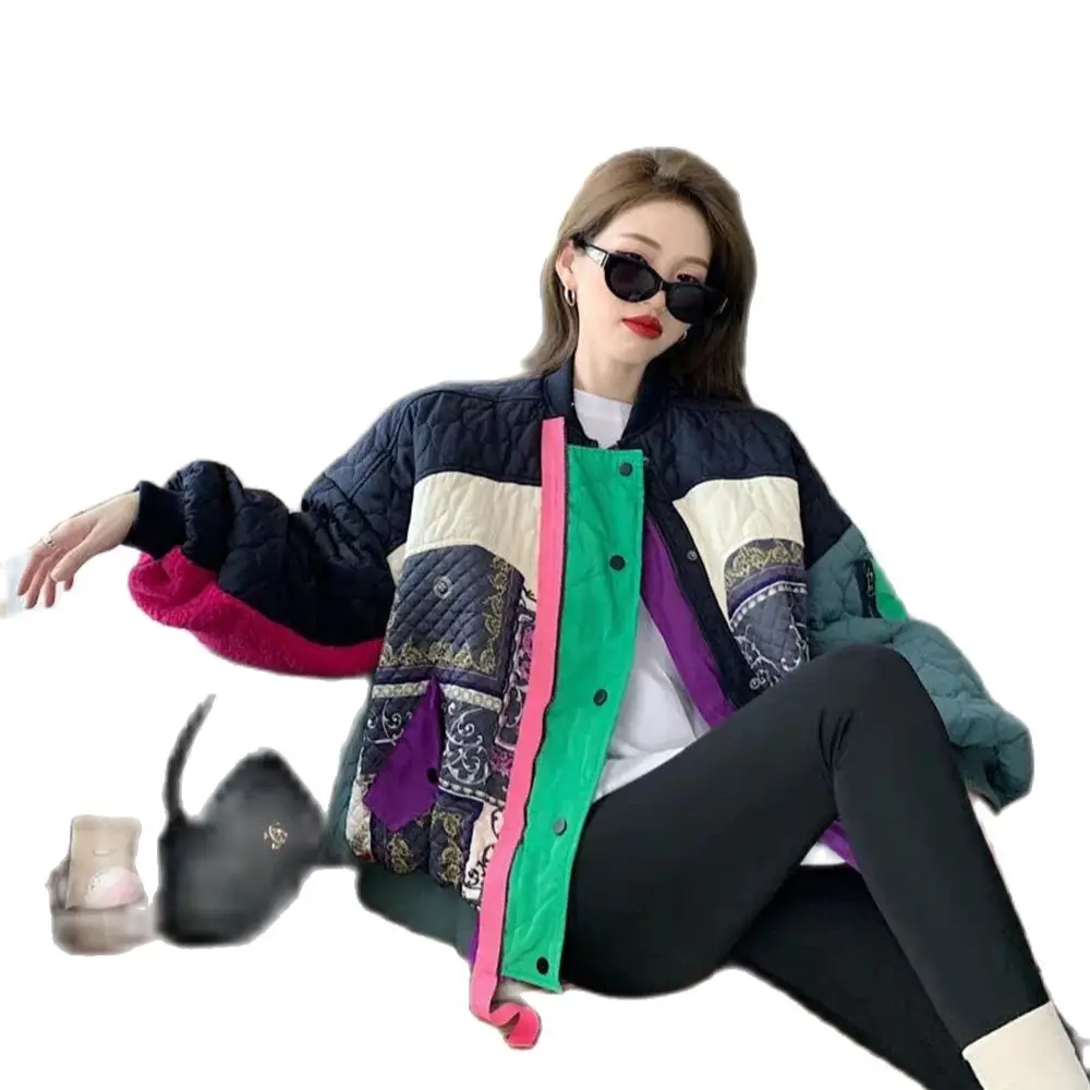 Contrast Color Patchwork Baseball Jersey With Lamb Wool Loose Fitting Women's Winter 2023 New Coat Trend