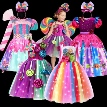 Purim LED 라이트 업 의상 소녀 카니발, 달콤한 캔디 원피스, 롤리팝 야광 의류, 공주 축제 파티, 어린이 3-10 세