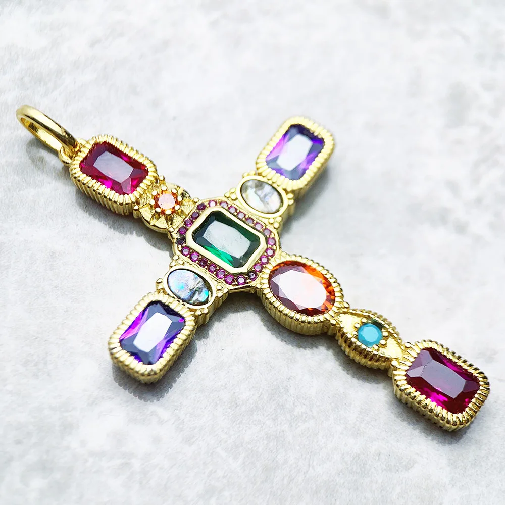 Golden Colourful Cross Pendant Fashion Jewelry Europe 925 Sterling Silver Vintage Gift Woman