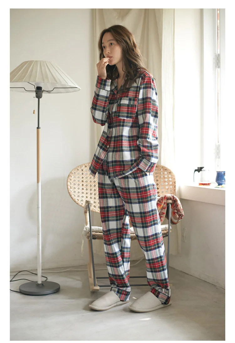 Plaid Print Couple Pajamas Set Autumn and Winte Warm Cotton Women and Men Pyjamas Long Sleeve Sleepwear Men Lounge Pijama mens designer pjs