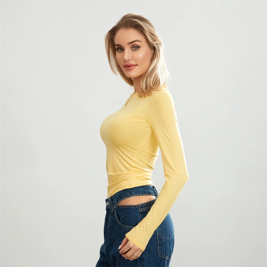 Camisetas básicas de Color liso para mujer, camisetas informales de manga larga, jerséis ajustados para otoño y primaver
