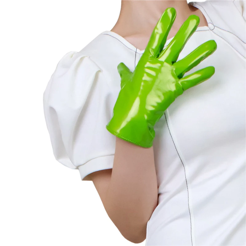

Patent Leather Gloves Female 21cm Short Style PU Imitation Sheepskin Faux Leather Mirror Bright Fruit Green Women Gloves HPU66