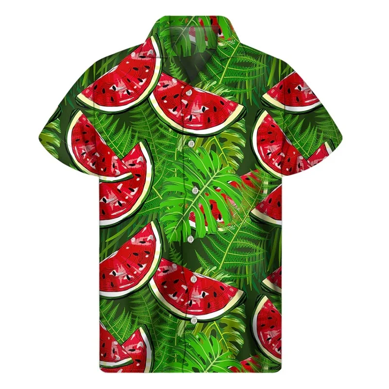thumbnail image 1 of Camisas hawaianas con estampado completo de frutas y sandía para hombre, camisas casuales de manga corta con botones para playa, camisetas de vacaciones para hombre, 1 of 4