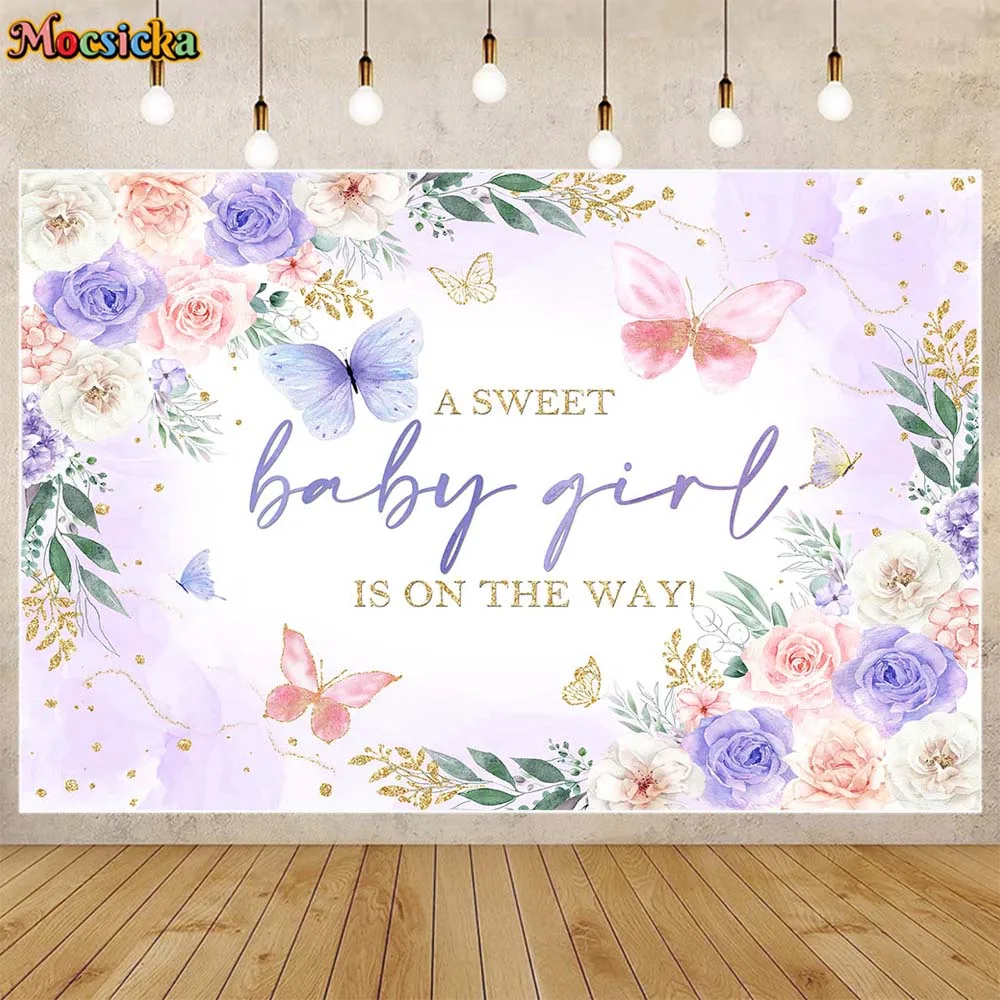 

Mocsicka Baby Shower Backdrop A Sweet Baby Girl Is On The Way Newborn Welcome Party Decor Background Butterfly Flower Photoshoot