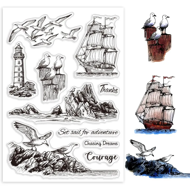 Clear Stamps 1Sheet Ocean Reef Lighthouse Silicone Clear Stamp Seals Sailboat Seagulll for DIY Scrapbooking